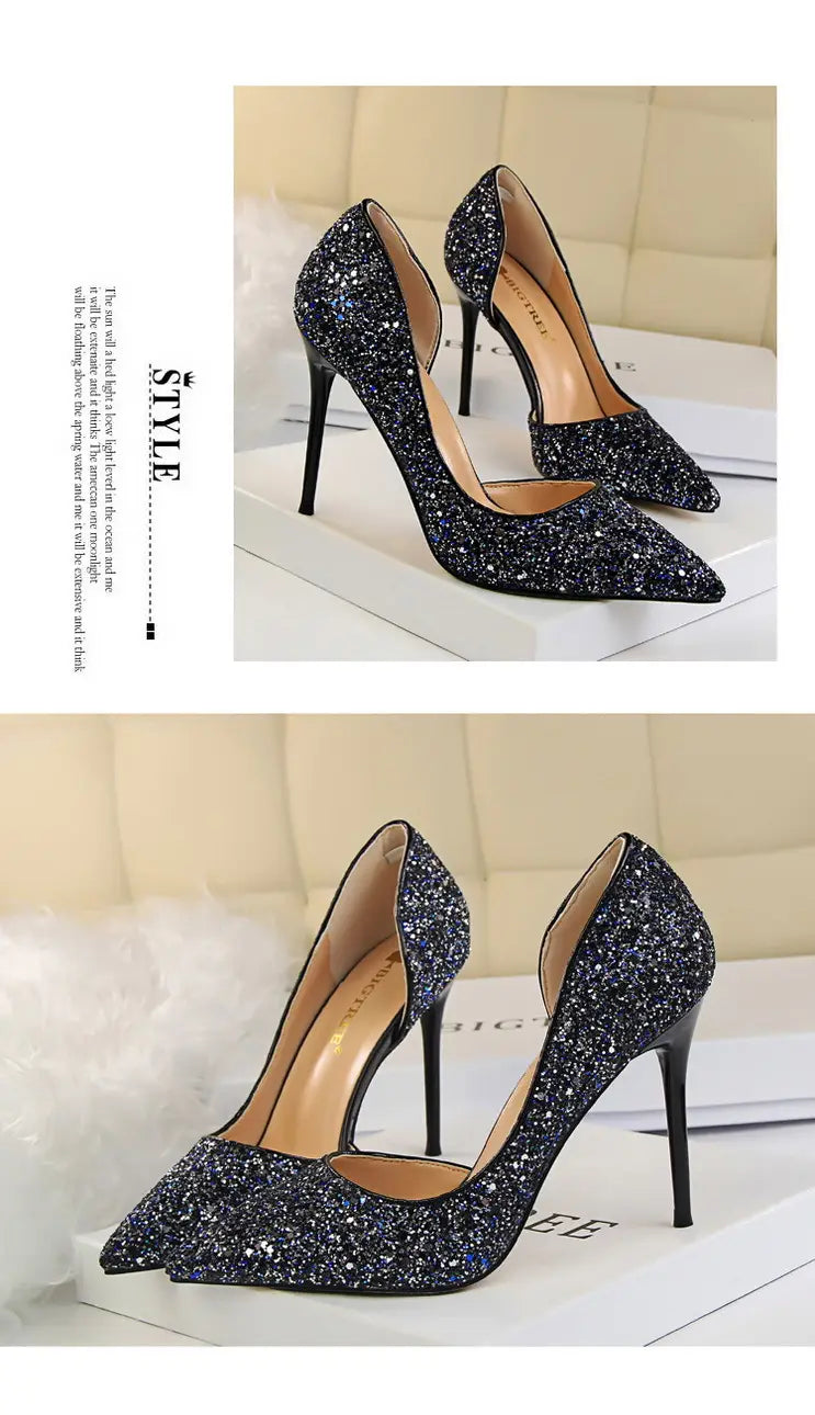 Skinny Women’s Shoes Stiletto Heel Shallow Mouth Pointed Side Hollow-out Sequin