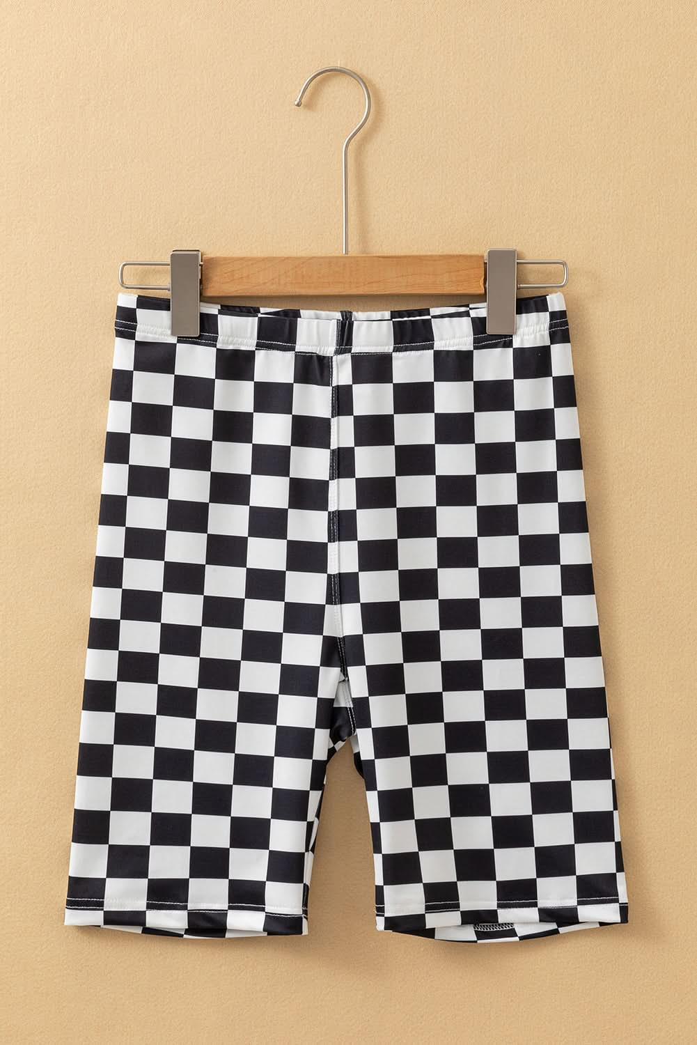 Black Checkerboard Printed High Waist Biker Shorts.