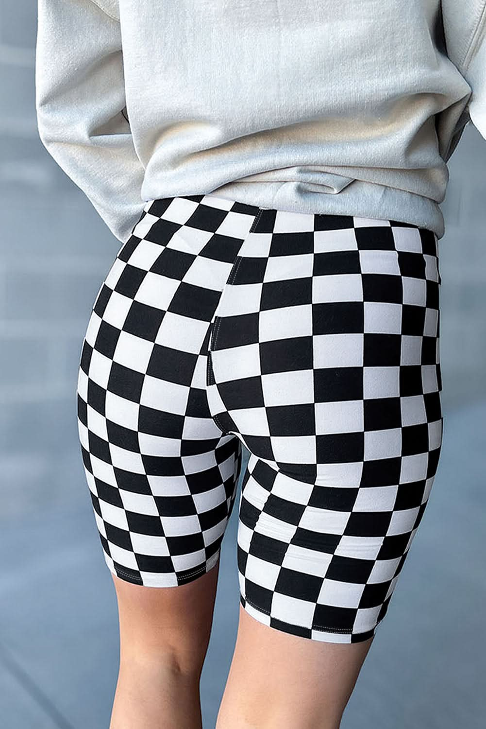 Black Checkerboard Printed High Waist Biker Shorts.