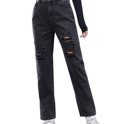 Women's Clothing Loose Hole Slimming Denim Polyester Trousers Fashion