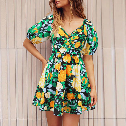 Flowers Print V-Neck Lantern-sleeve Dress.