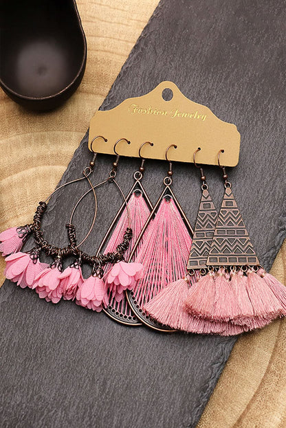 3 Pairs Boho Floral Tasseled Geometric Dangle Earrings Set.