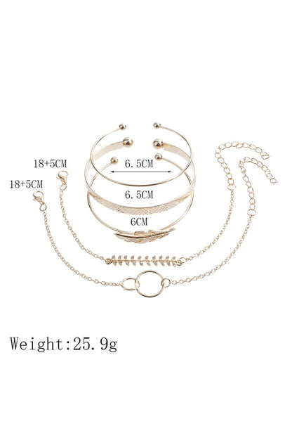 Gold 5Pcs Bohemian Leaf Adjustable Plated Bracelet Set.