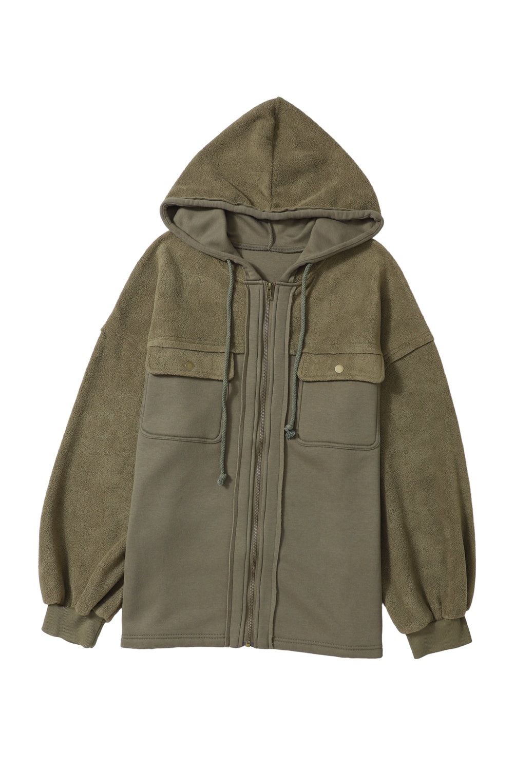 Green Flap Pockets Bishop Sleeve Zip Up Hoodie.