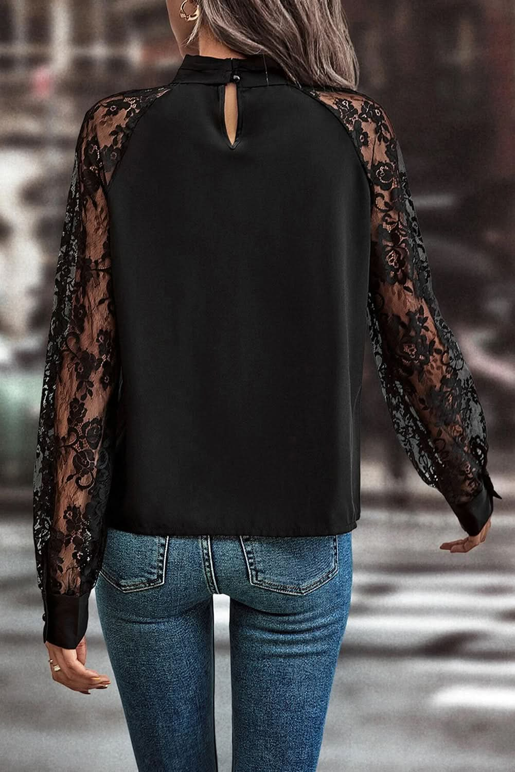 Black Keyhole Neckline Lace Splicing Raglan Sleeve Blouse.