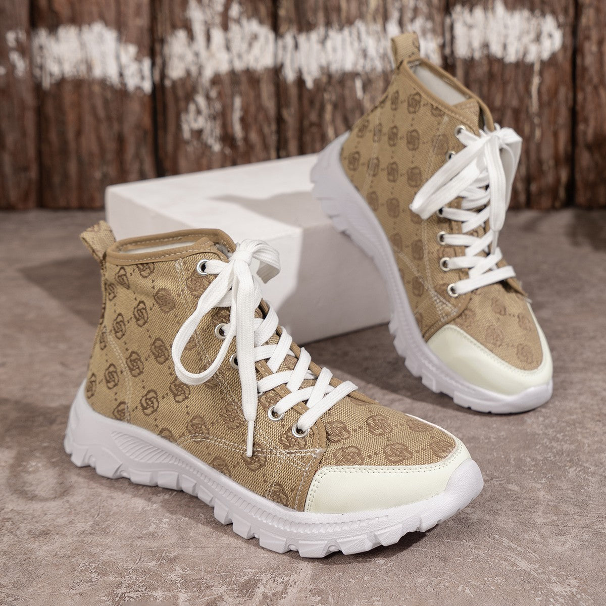 Rose-printed Lace-up Boots Fashion Breathable Canvas Shoes