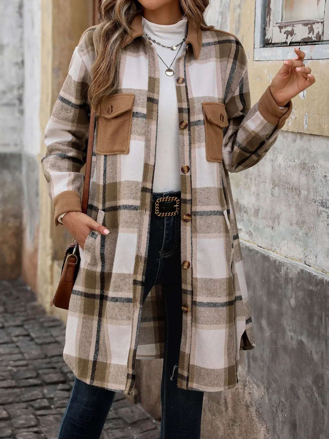 New Brushed Plaid Long Coat With Pockets Fashion Winter Jacket