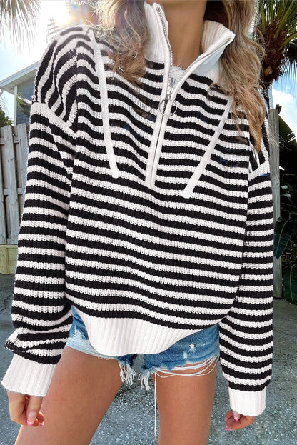 Black Stripe Zip Up Collar Drop Sleeve Sweater.