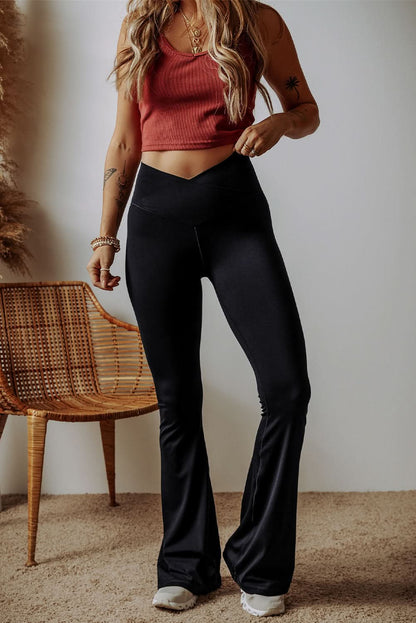 Black V Shape High Waist Flared Leggings.