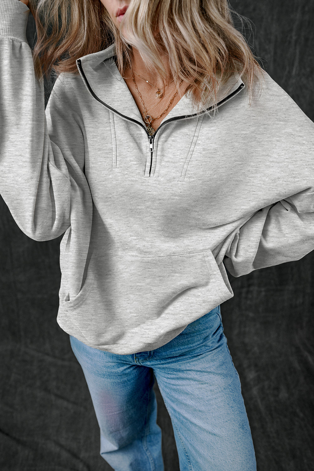 Zip-up Stand Neck Kangaroo Pocket Hoodie.