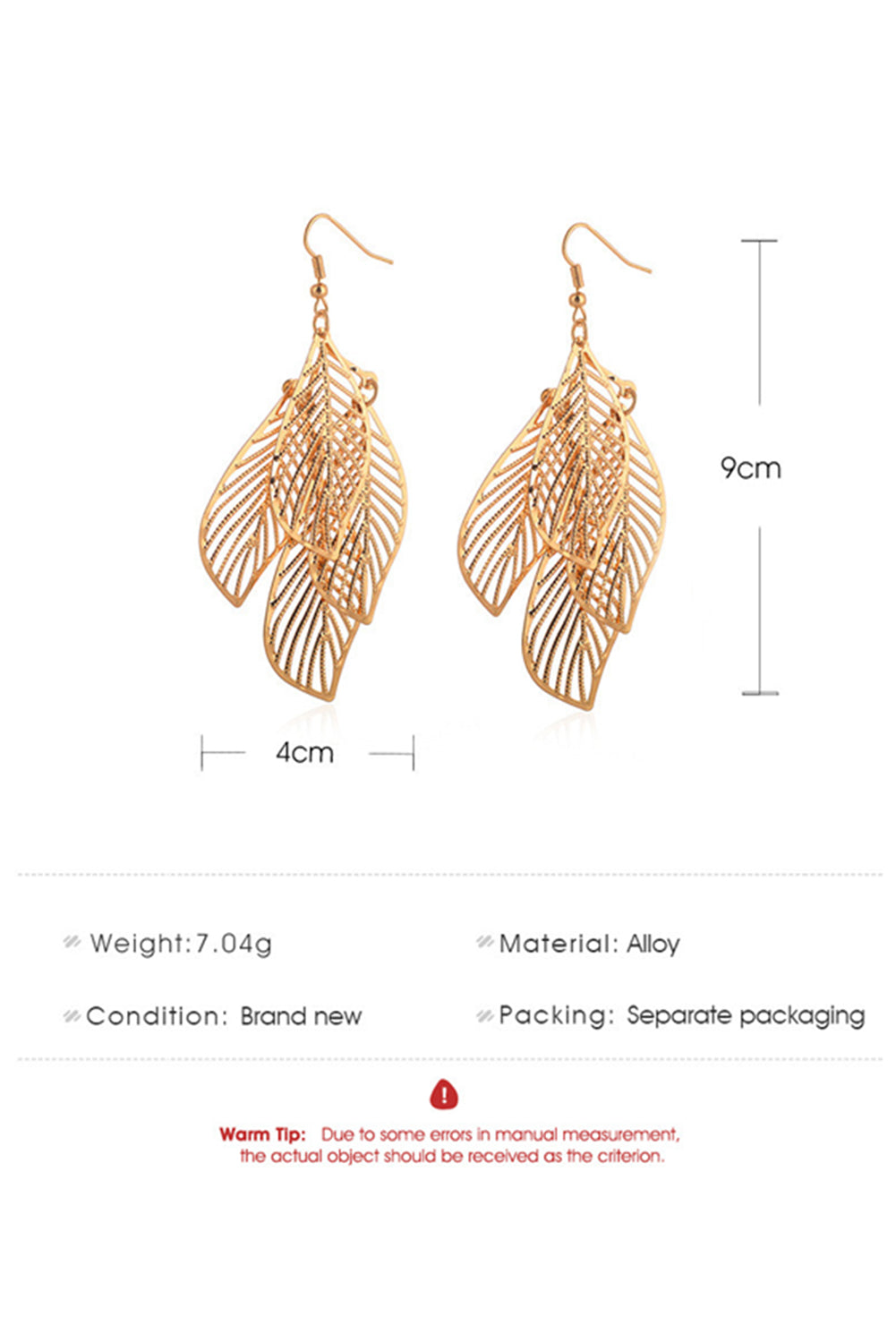 Gold Hollow Out Leaves Alloy Hook Earrings.