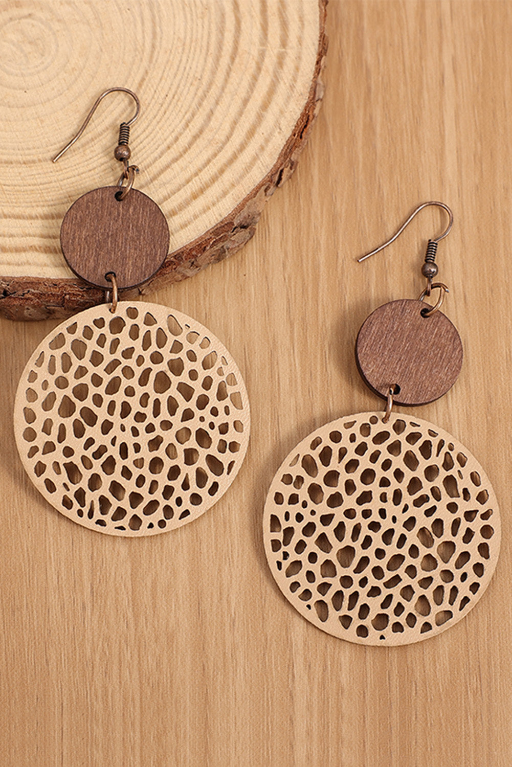 Khaki Hollow Out Wooden Chip Round Drop Earrings