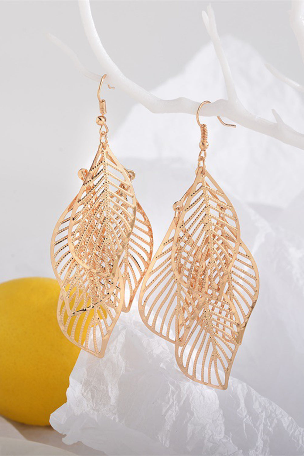 Gold Hollow Out Leaves Alloy Hook Earrings.