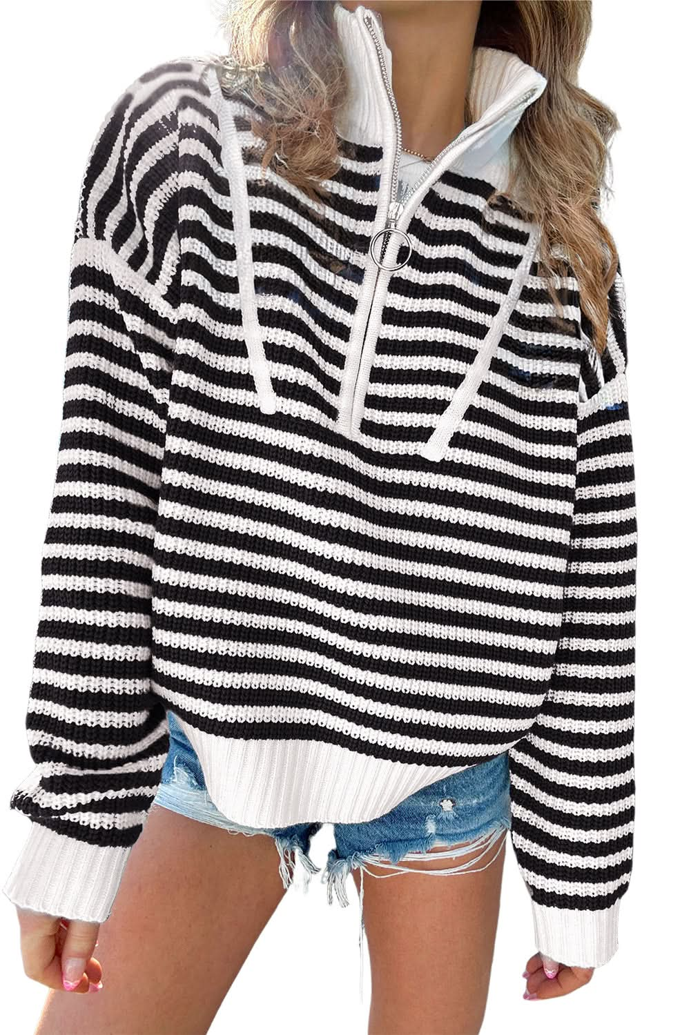 Black Stripe Zip Up Collar Drop Sleeve Sweater.