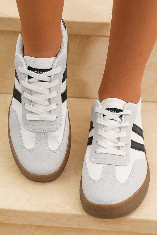 White Striped Lace Up Flat Sneakers.