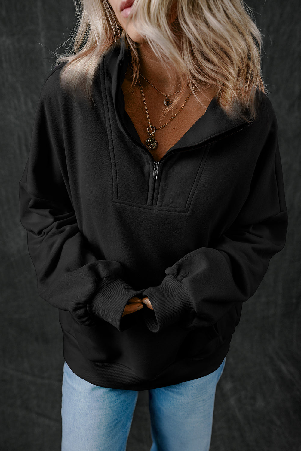 Zip-up Stand Neck Kangaroo Pocket Hoodie