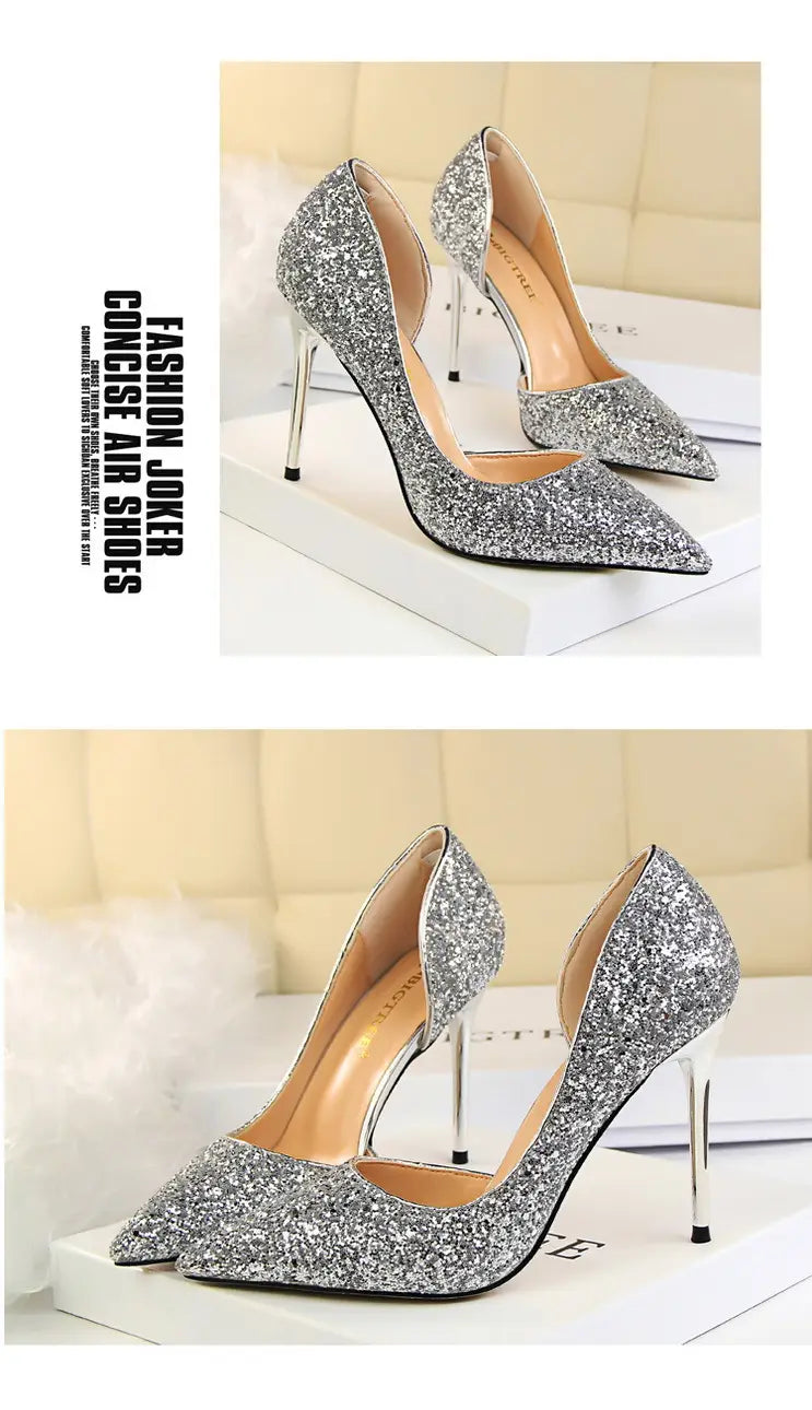 Skinny Women’s Shoes Stiletto Heel Shallow Mouth Pointed Side Hollow-out Sequin