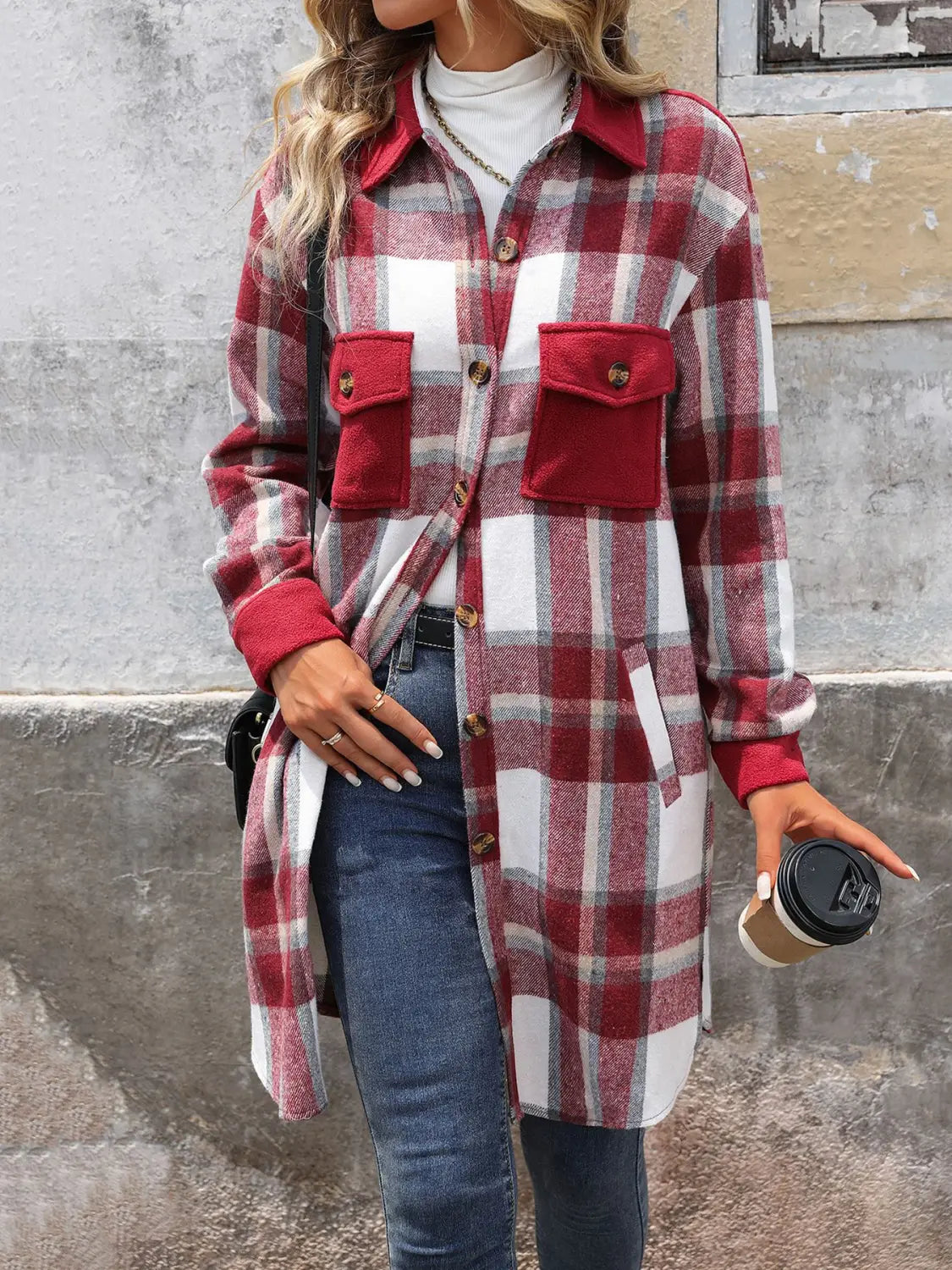 New Brushed Plaid Long Coat With Pockets Fashion Winter Jacket