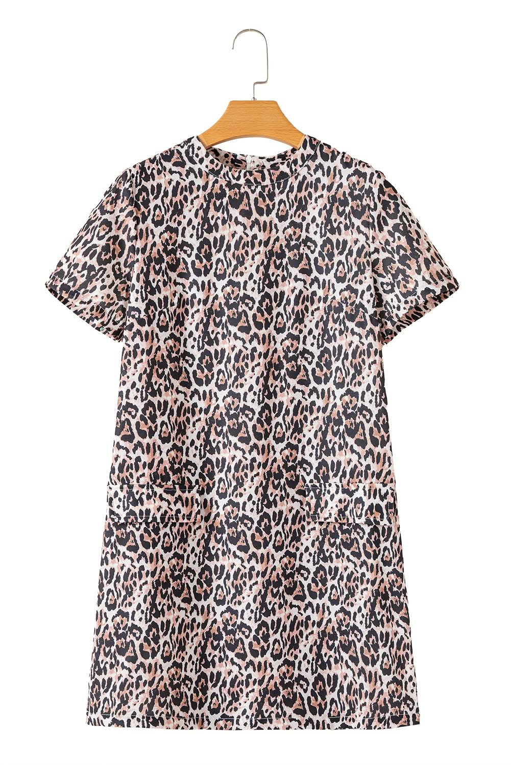 Brown Leopard Print Short Sleeve Pocket Mini Dress.