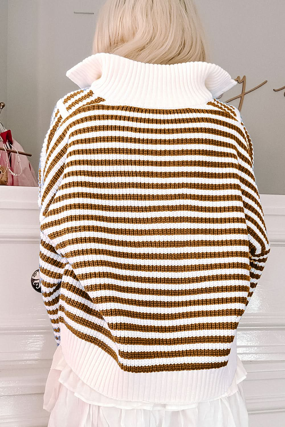 Black Stripe Zip-Up Collar Drop Sweater for Casual Elegance