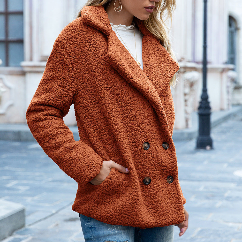 Loose Lapel Fluffy Coat Winter Button