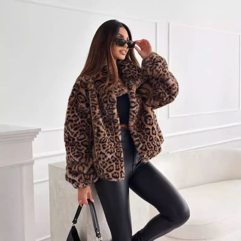 Fashion Personality Fur Leopard Print Lapel Short Coat.