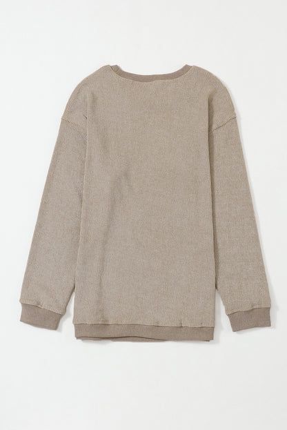 Khaki Solid Ribbed Round Neck Pullover Sweatshirt.