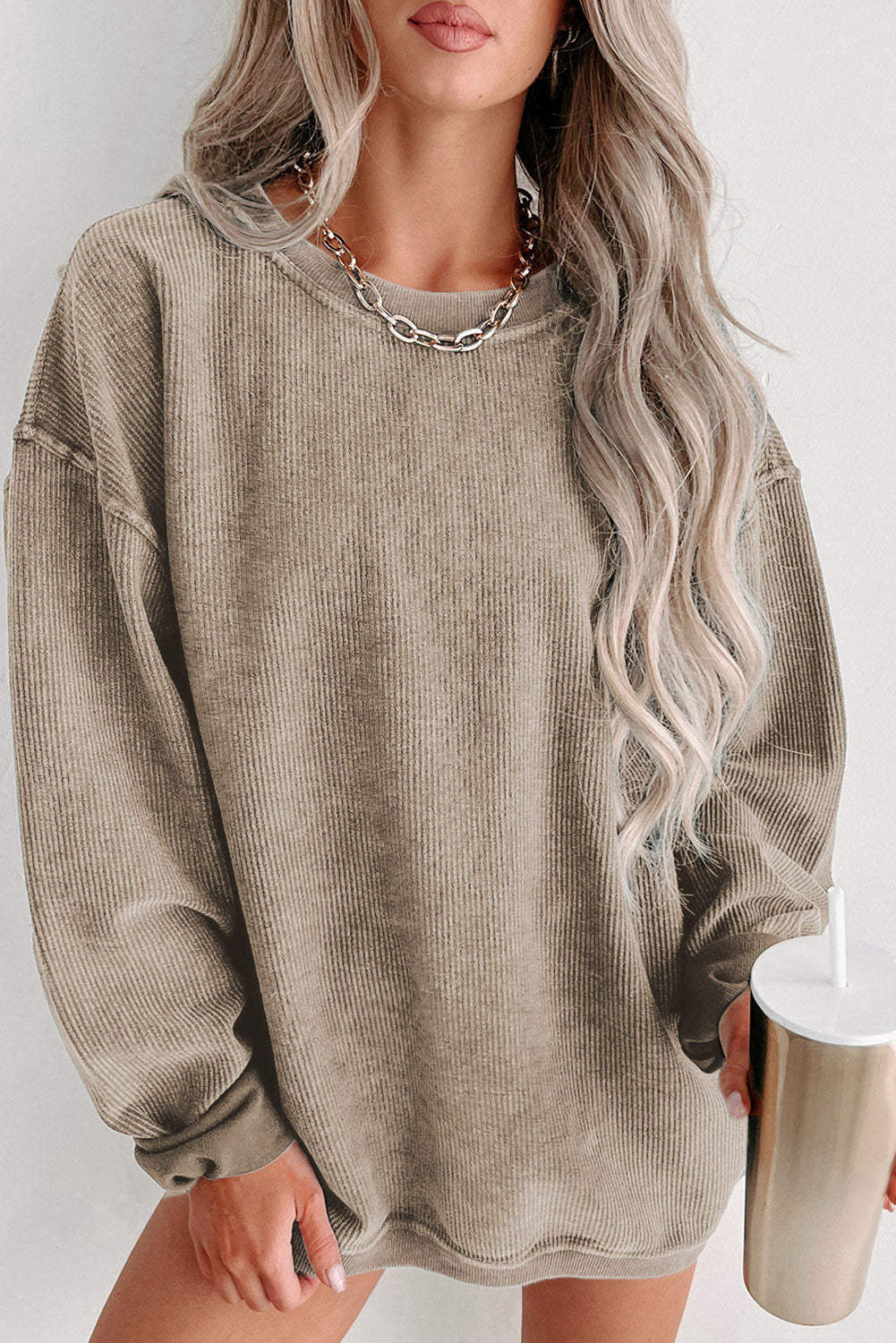 Khaki Solid Ribbed Round Neck Pullover Sweatshirt.