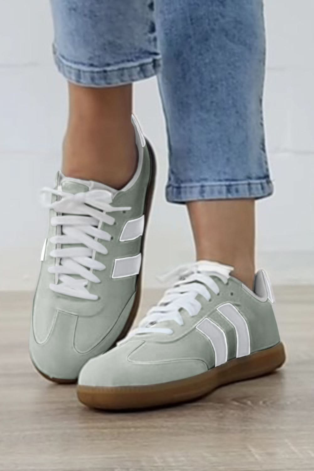 White Striped Lace Up Flat Sneakers.