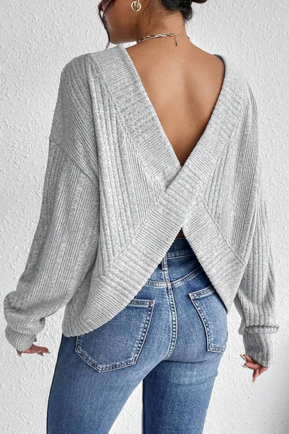 Light Grey Ribbed Backless Drop Sleeve Top.