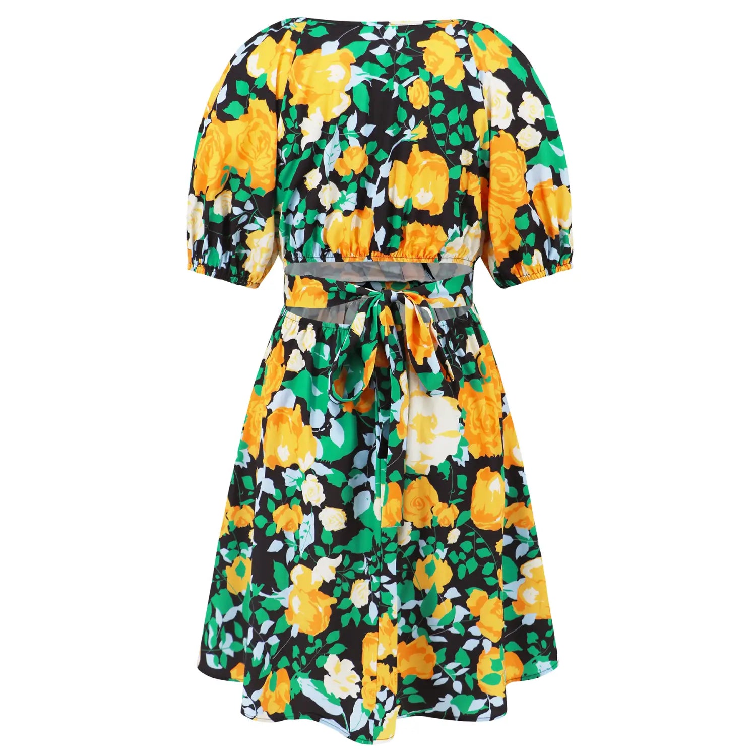 Flowers Print V-Neck Lantern-sleeve Dress