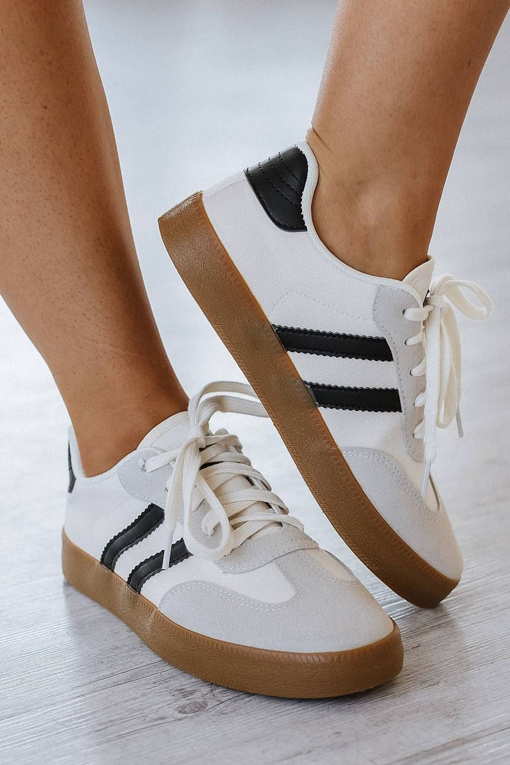 White Striped Lace Up Flat Sneakers.