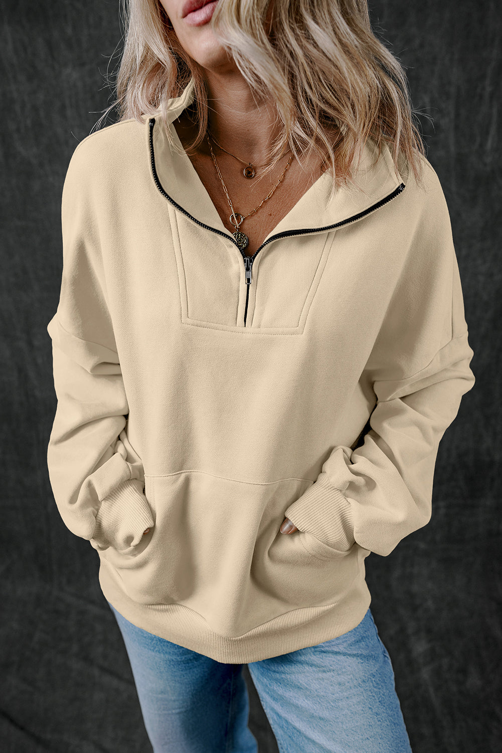 Zip-up Stand Neck Kangaroo Pocket Hoodie