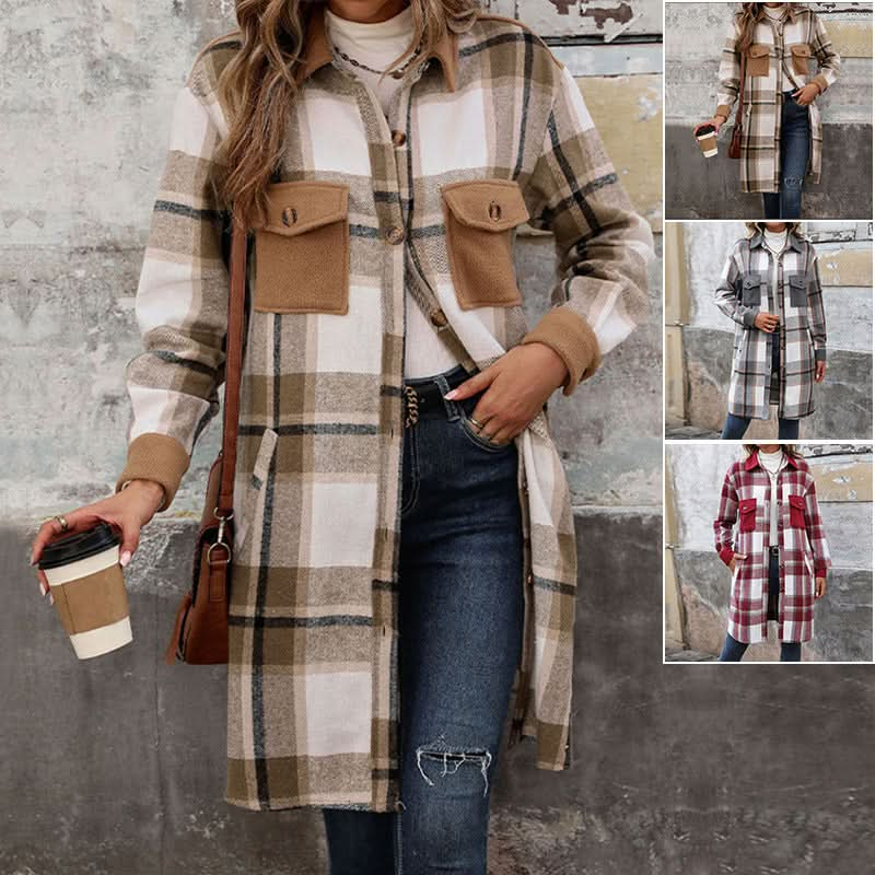 New Brushed Plaid Long Coat With Pockets Fashion Winter Jacket.