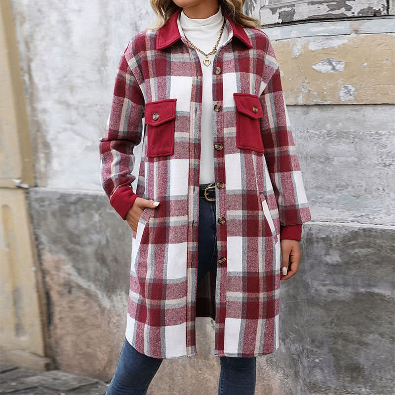 New Brushed Plaid Long Coat With Pockets Fashion Winter Jacket.