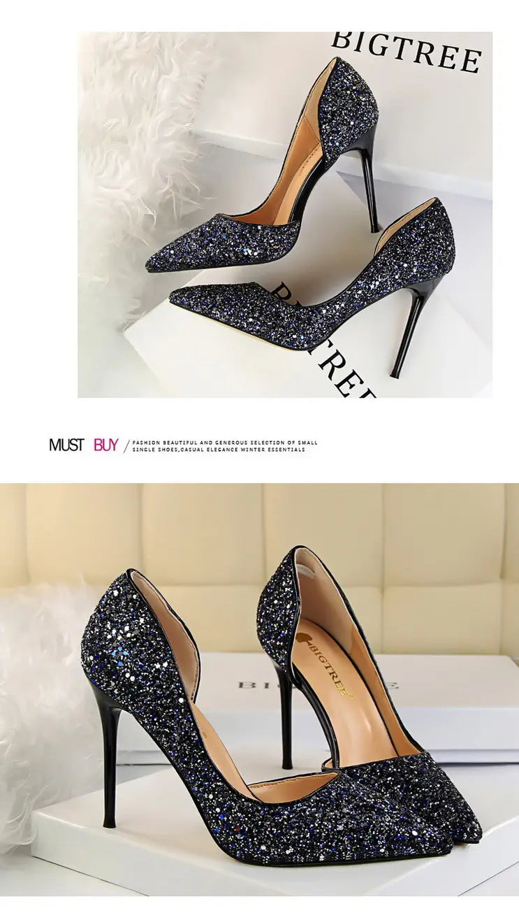 Skinny Women’s Shoes Stiletto Heel Shallow Mouth Pointed Side Hollow-out Sequin