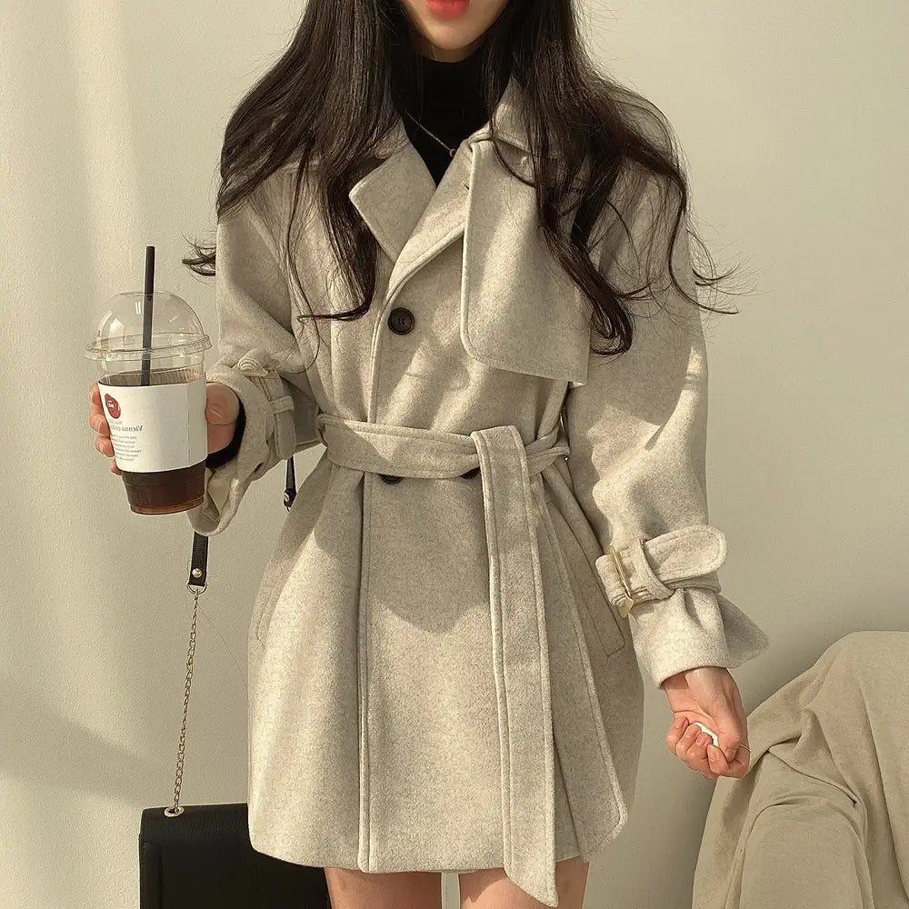 Korean Style Fashion Lace-up Retro Woolen Trench Coat