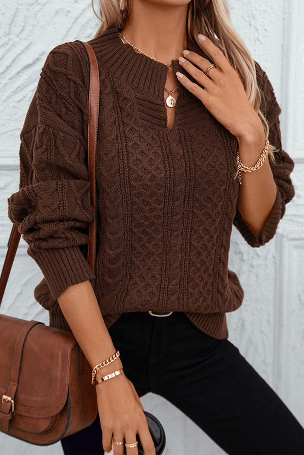 Coffee Twisted V-Neck Loose Casual Knit Sweater.