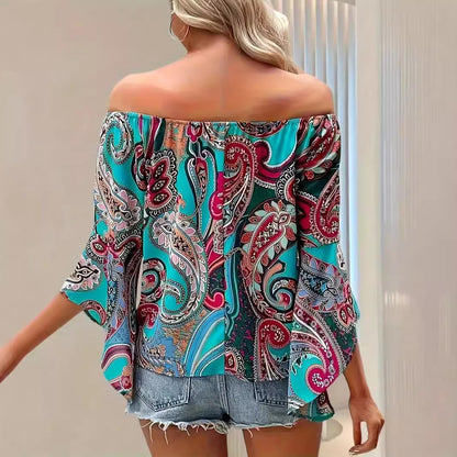 Printed Off-the-shoulder Women's Shirt Elegant Ruffle Sleeve Printed Blouse Sexy