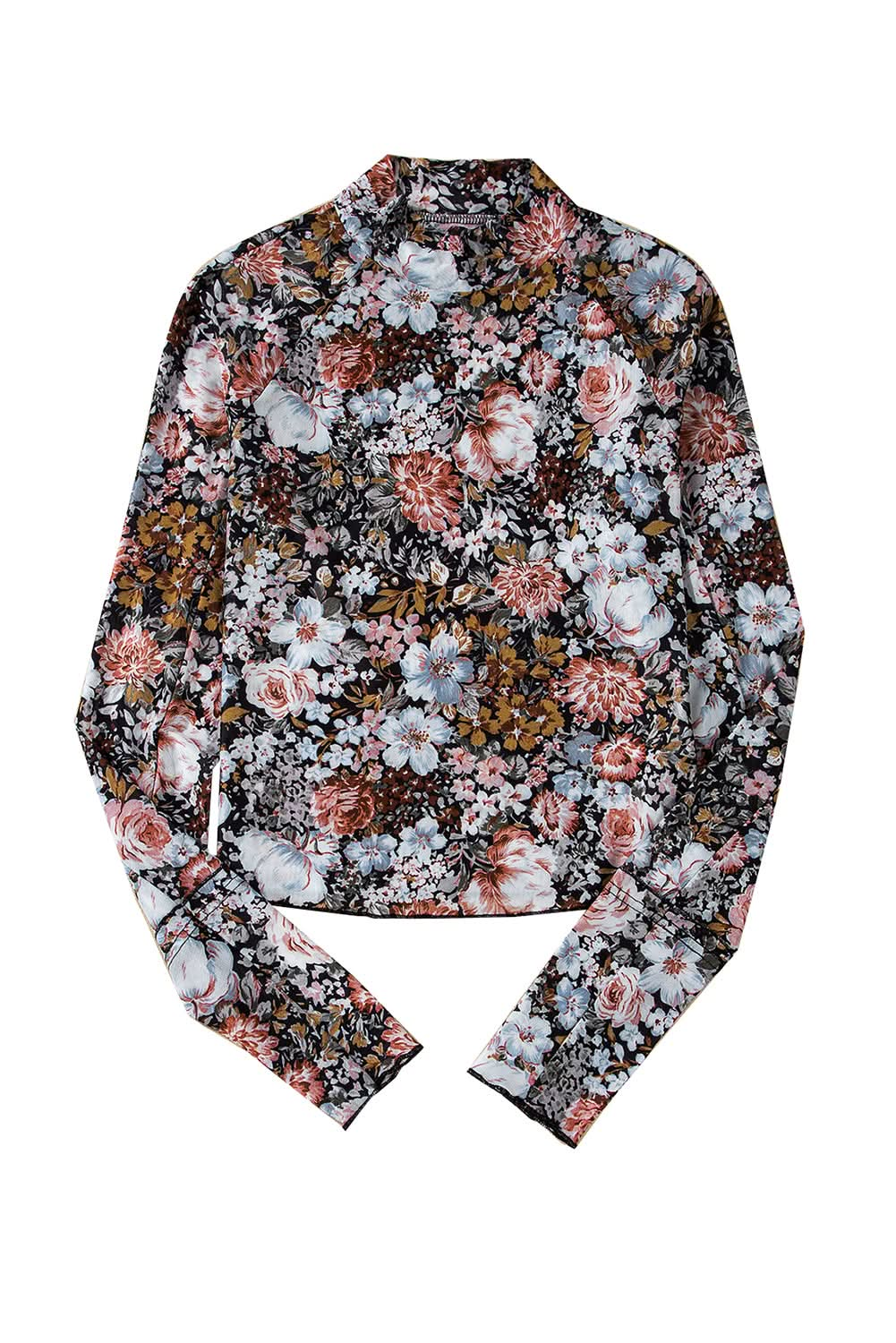 Brown Floral Print Mesh Mock Neck Slim Top.