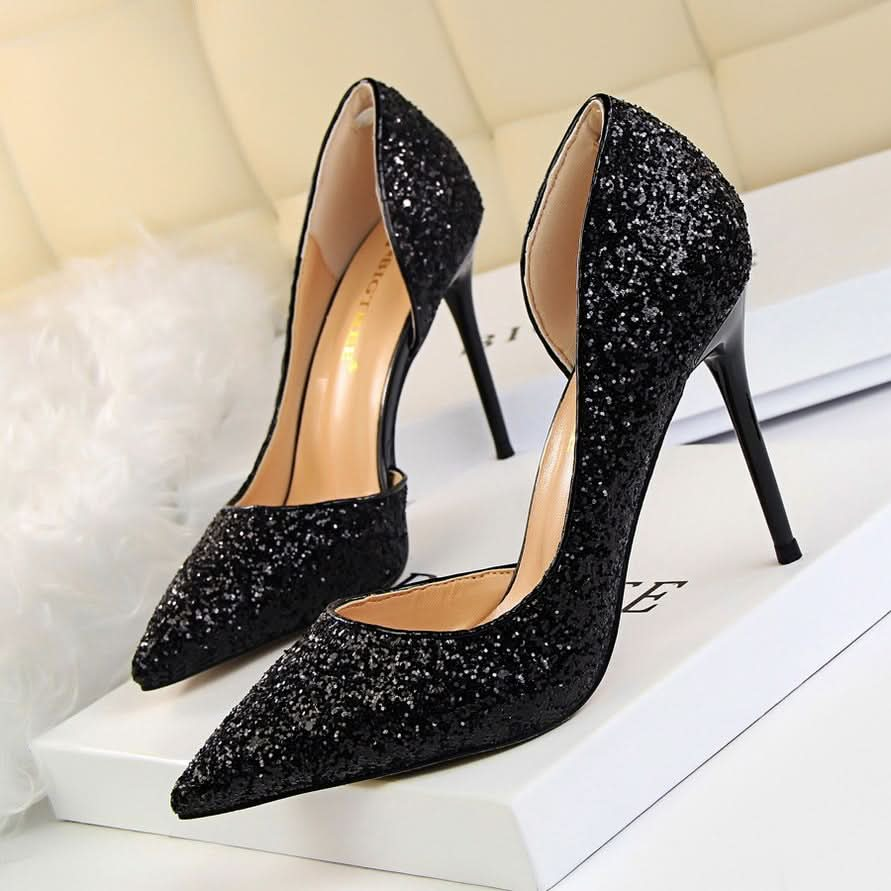 Skinny Women's Shoes Stiletto Heel Shallow Mouth Pointed Side Hollow-out Sequin.