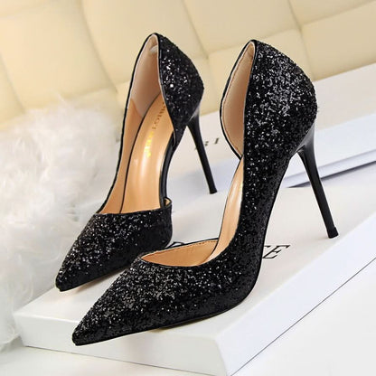 Skinny Women's Shoes Stiletto Heel Shallow Mouth Pointed Side Hollow-out Sequin.