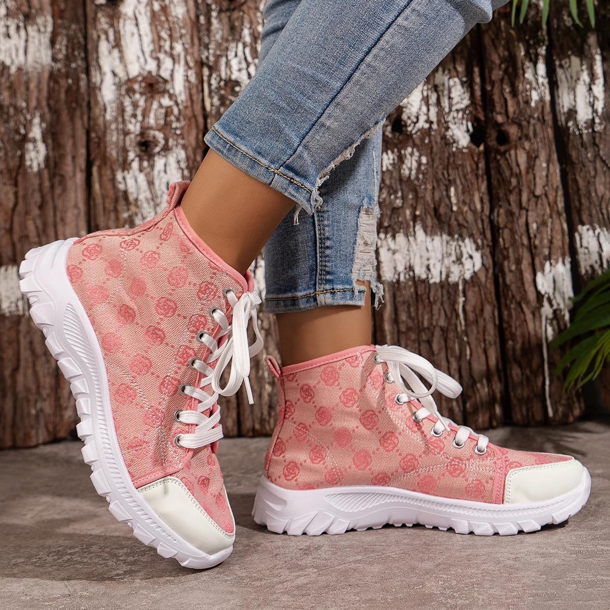 Rose-printed Lace-up Boots Fashion Breathable Canvas Shoes