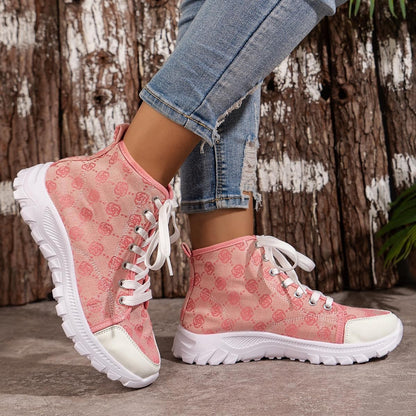 Rose-printed Lace-up Boots Fashion Breathable Canvas Shoes