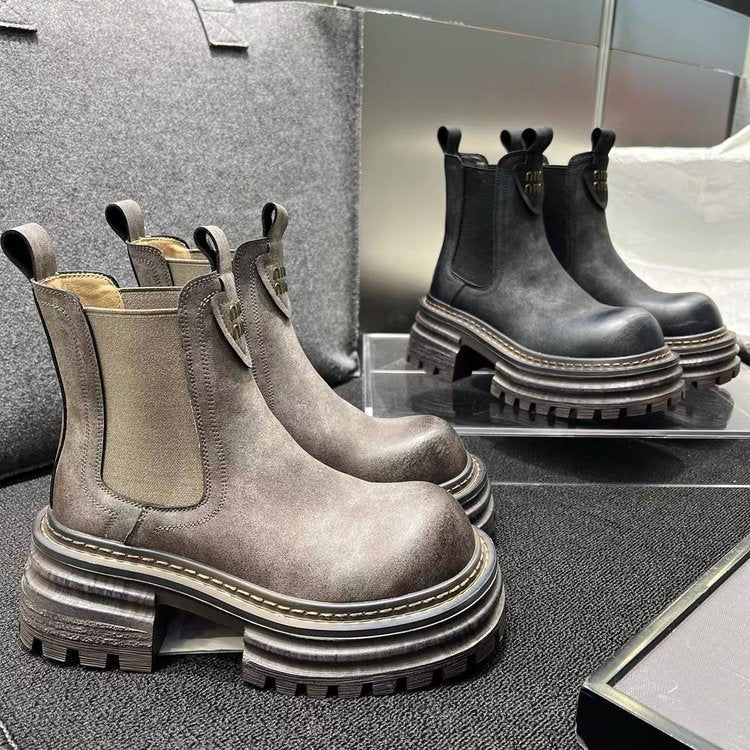 British Style Retro Chunky Heel Smoke Pipe Boots Women