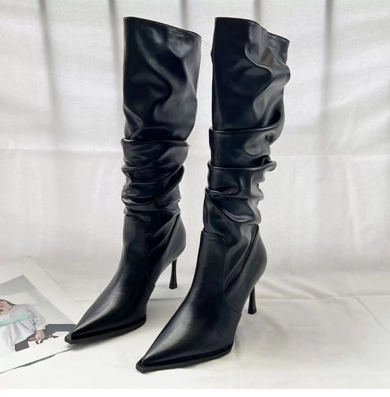 European And American Pointed Pleated High Boots Women