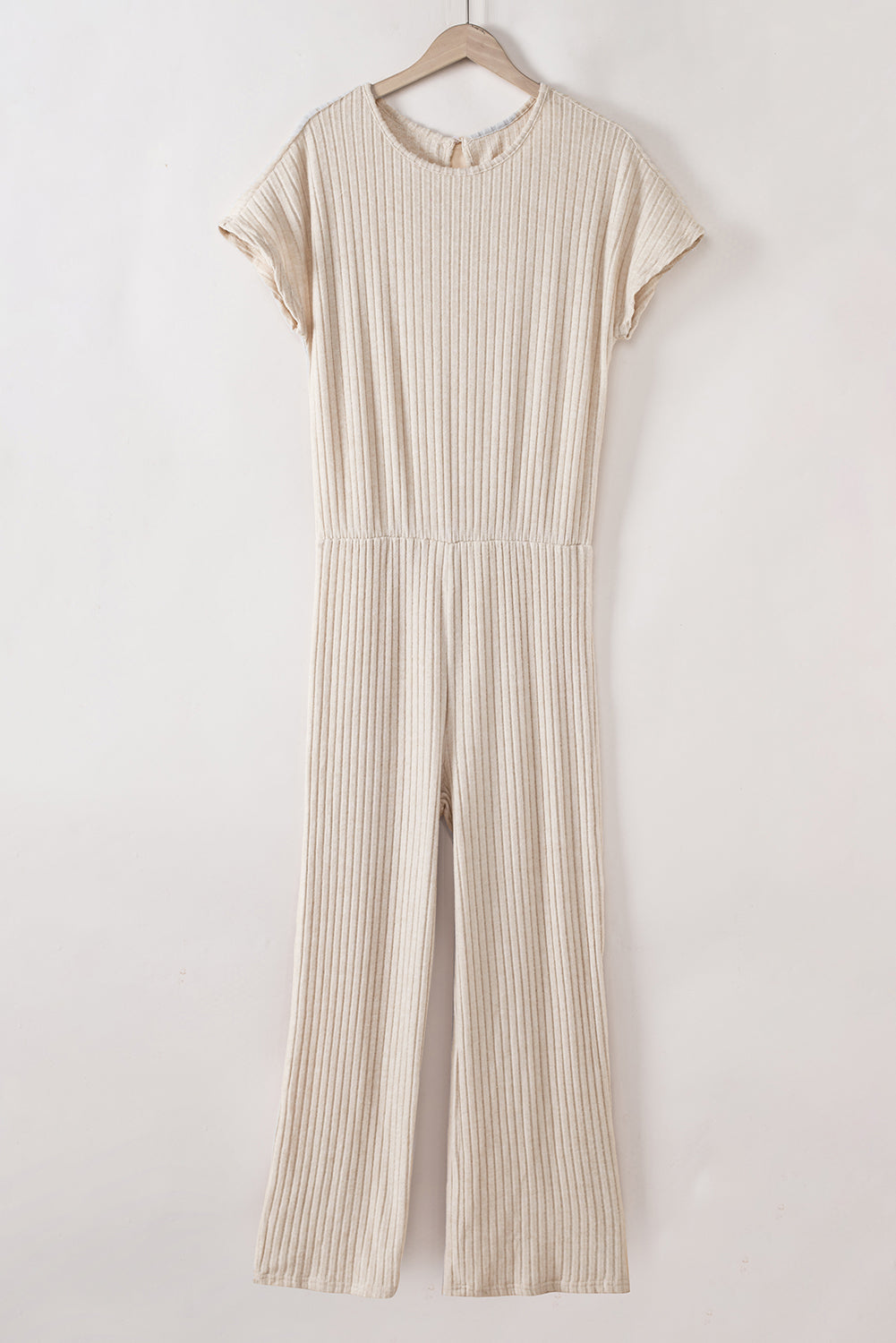 Parchment Ribbed Short Sleeve Wide Leg Jumpsuit.