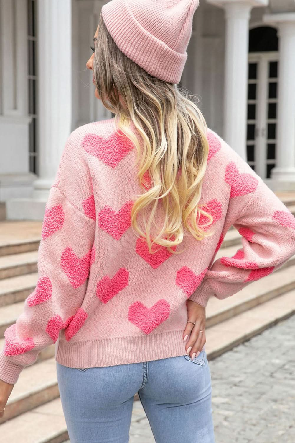 Light Pink Valentines Day Heart Jacquard Knit Sweater.