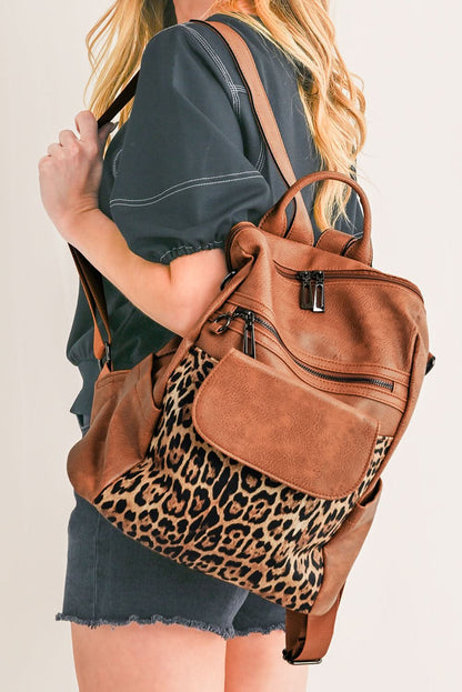 Coffee Leopard Patchwork PU Leather Functional Backpack.