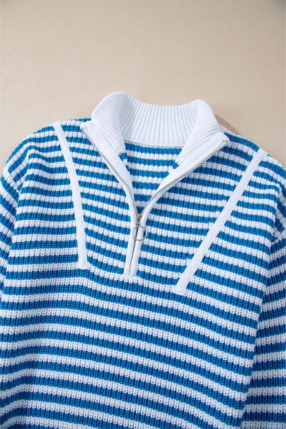 Black Stripe Zip-Up Collar Drop Sweater for Casual Elegance